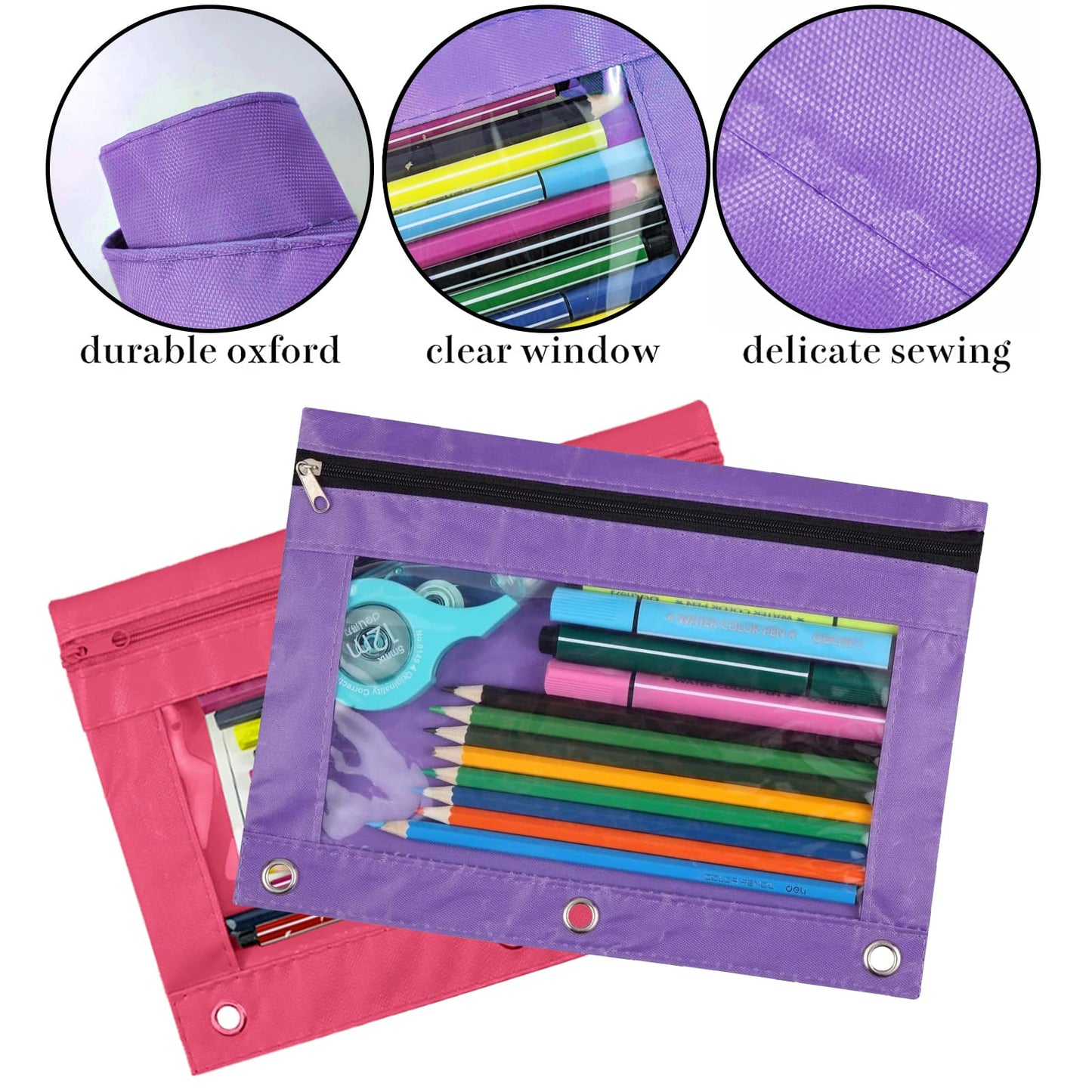 Purple 3-Ring Pencil Pouch with Clear Window