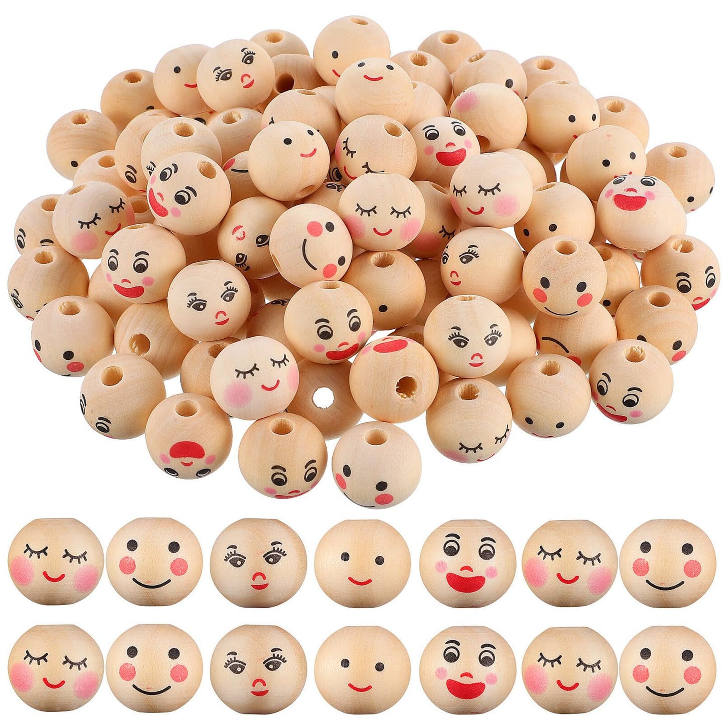 100pcs Wooden Smiling Face Beads for Jewelry and Crafts
