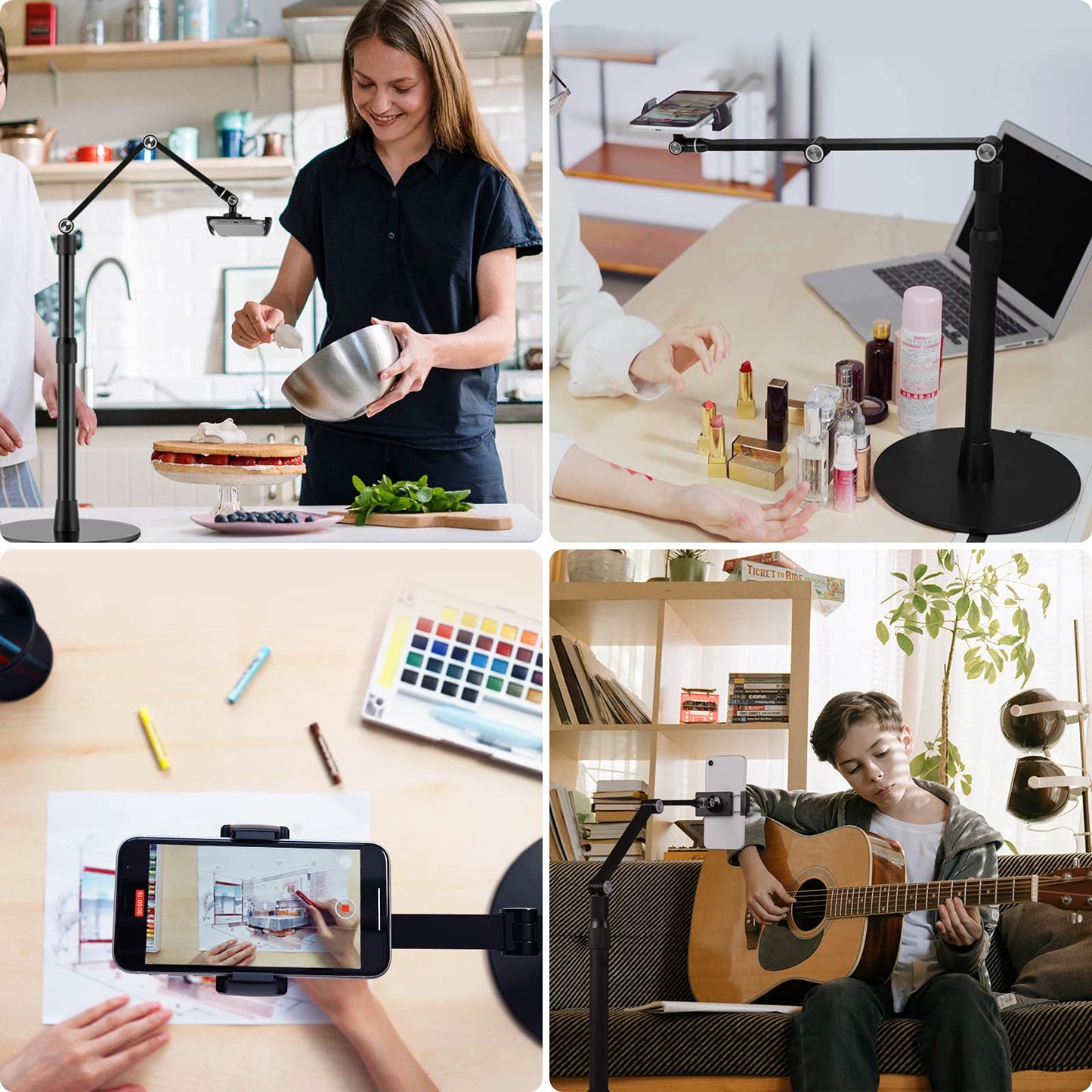 Tablet Phone Overhead Stand, Height & 360 Degree Angle Adjustable, Aluminum Desktop Stand, Compatible with 3.5-11" Cellphone or Tablet Such as iPhone iPad Pro Air Mini, Samsung, Nexus(AP-4P-B)