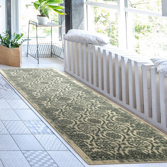 Alfombras Non-Skid Non-  2x7 Rubber Backing Floral Geometric Low Profile Pile Indoor Area Runner Dark Green, 2' x 7')