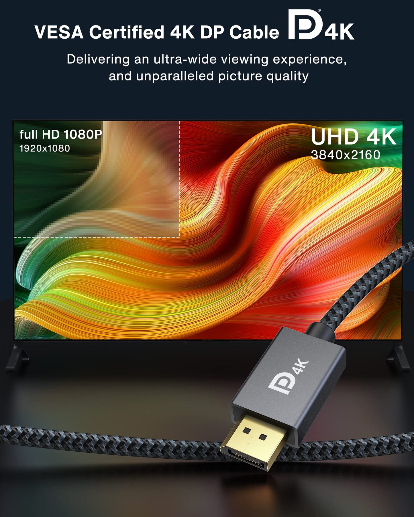 VESA DisplayPort Cable, 6.6ft DP Cable 1.2,[4K@60Hz, 2K@165Hz, 2K@144Hz], Gold-Plated Braided High Speed Display Port Cable 144Hz, for Gaming Monitor, Graphics Card, TV, PC, Laptop