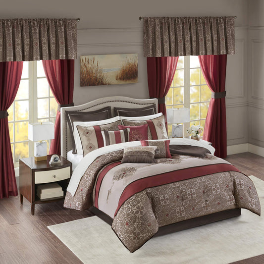 Essentials Delaney 24-Piece Room In A Bag Comforter Set- Jacquard, All Season Bedding, Sheets, decorative pillows and Curtains, Valance, King(104"x92"), Medallion Red