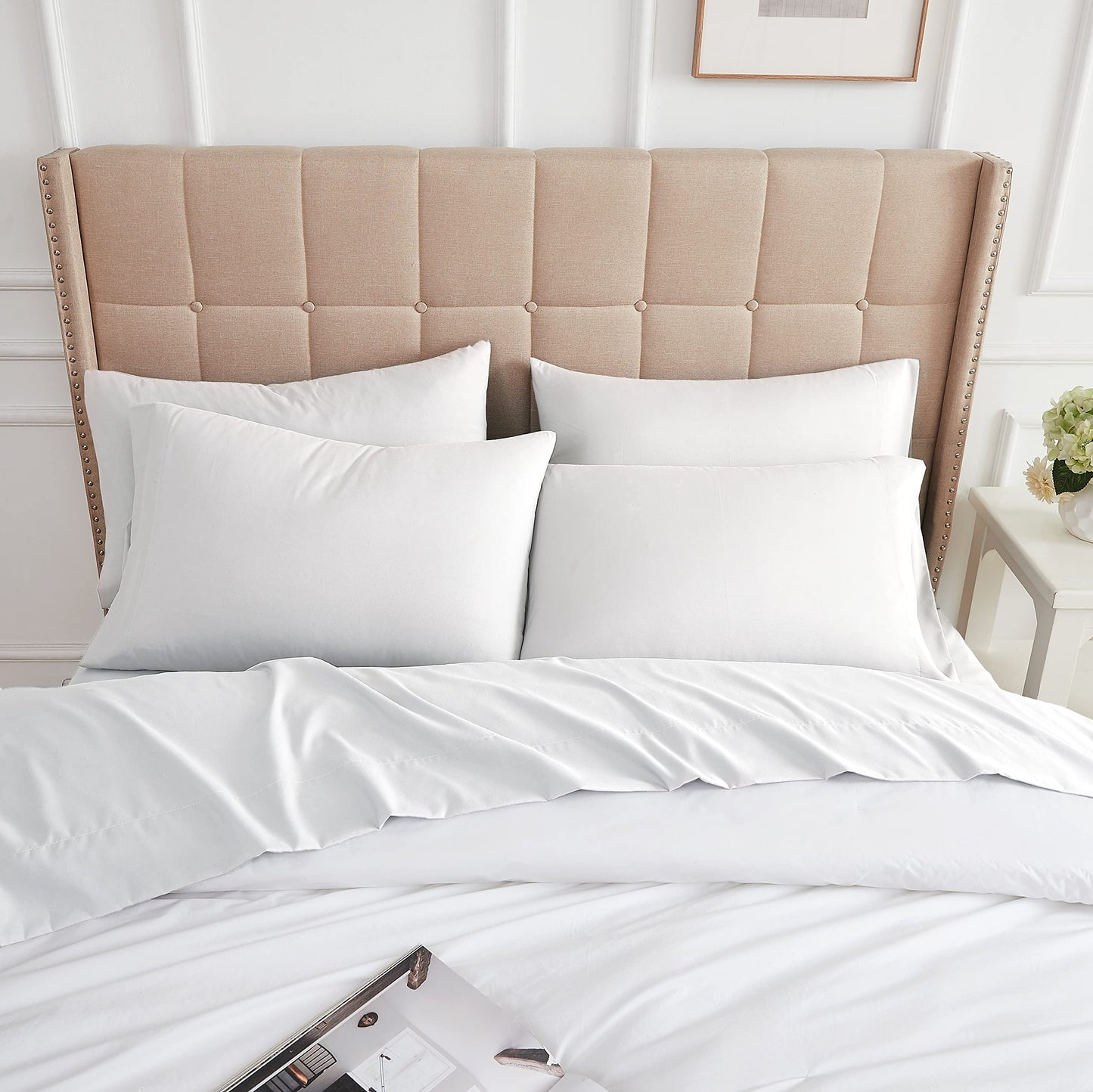 SouthShore Living Inc. 6-Piece, 21-Inch Extra Deep Pocket Sheet Set, Premium Quality, Easy Care, Shrinkage Free Sheet Set with 1 Flat Sheet, 1 Fitted Sheet, 4 Pillowcases, Bright White, Cal King