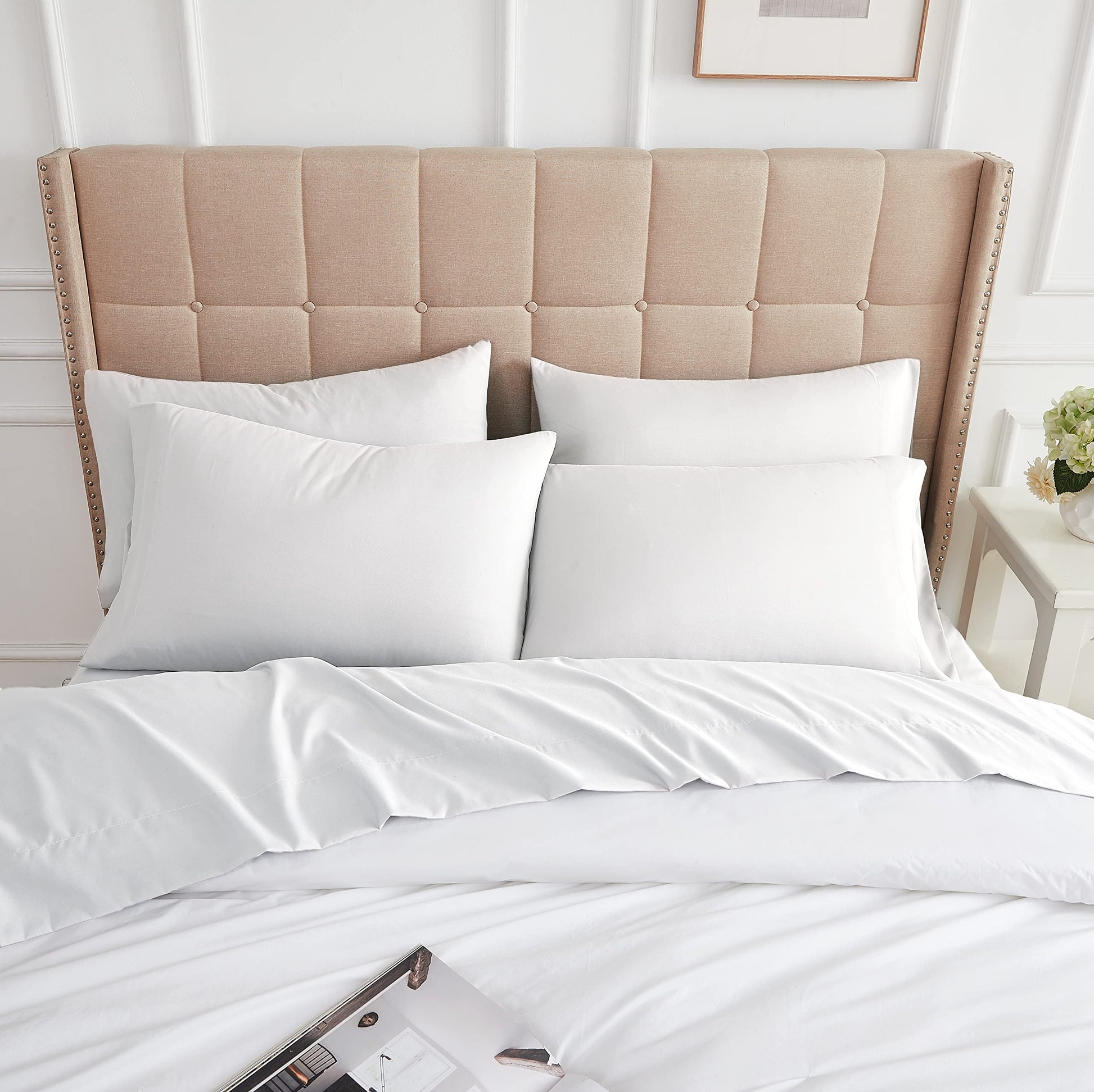 SouthShore Living Inc. 6-Piece, 21-Inch Extra Deep Pocket Sheet Set, Premium Quality, Easy Care, Shrinkage Free Sheet Set with 1 Flat Sheet, 1 Fitted Sheet, 4 Pillowcases, Bright White, Cal King