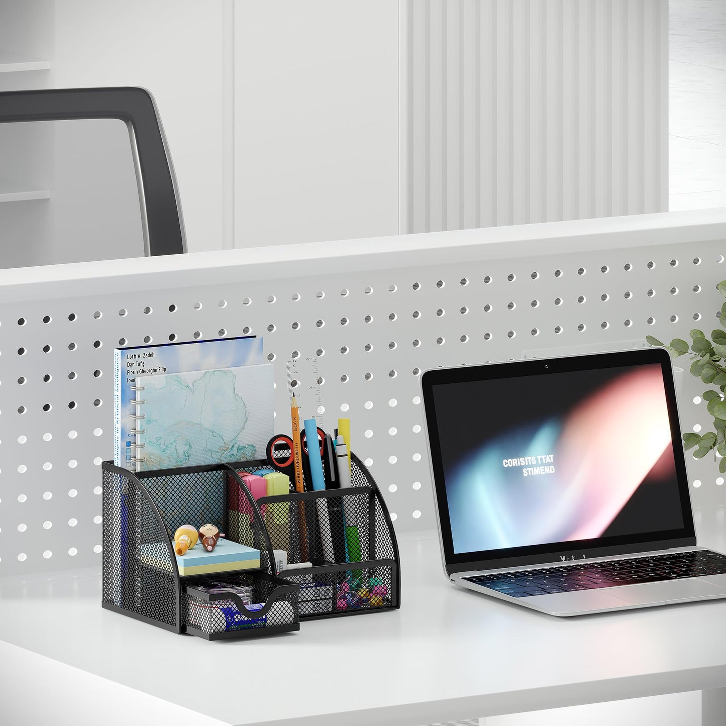 Mesh desk organizer with drawer and six compartments