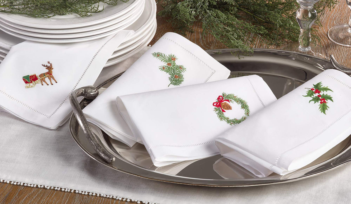 Embroidered Holly Leaf Square Hemstitched Border Cotton Napkin, Set of 6, 20" x 20", White