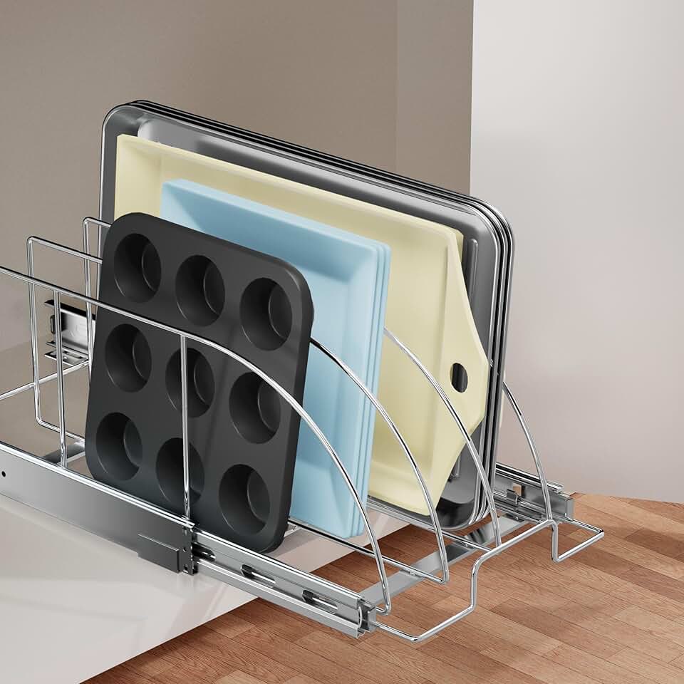 Slide Out Kitchen Organizer for Cutting Boards and Bakeware