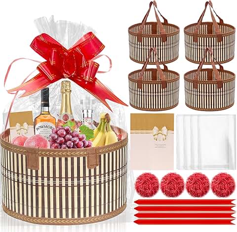 Set of 4 Bamboo Gift Baskets with Wrap, Bows, and Cards