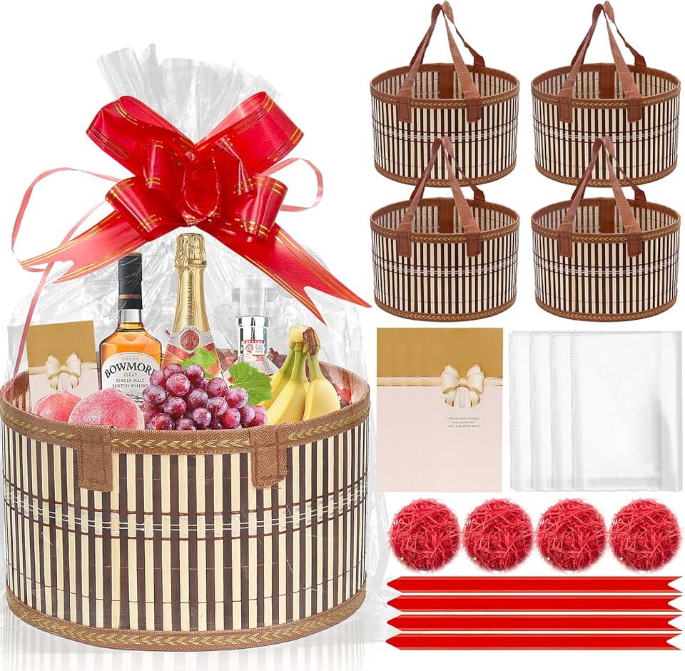 Set of 4 Bamboo Gift Baskets with Wrap, Bows, and Cards