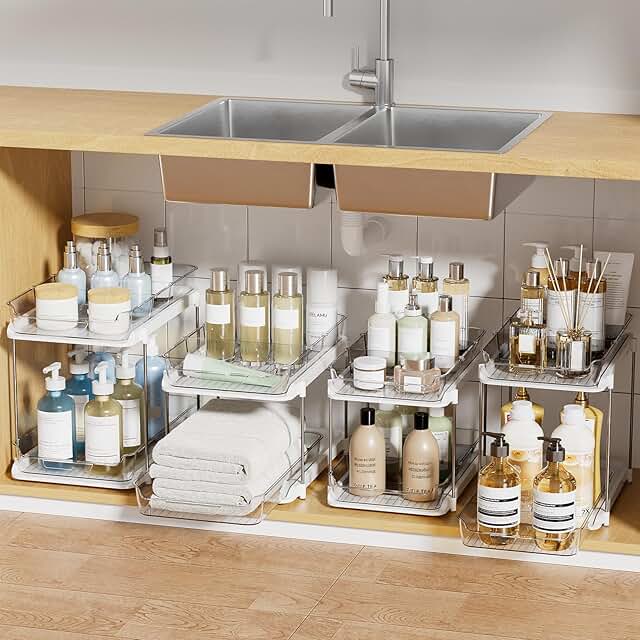 Two-Tier Multi-Purpose Under Sink and Pantry Organizer, White, 4 Pack