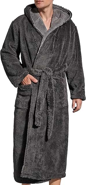 Men's Plush Fleece Hooded Robe with Pockets