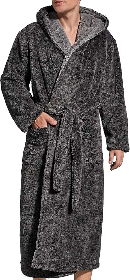 Men's Plush Fleece Hooded Robe with Pockets