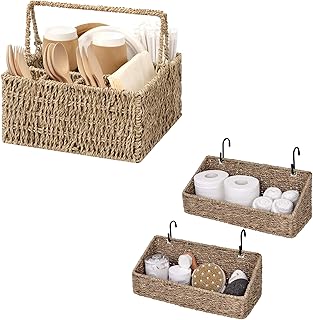 Wicker Silverware Organizer and Woven Wall Baskets Set
