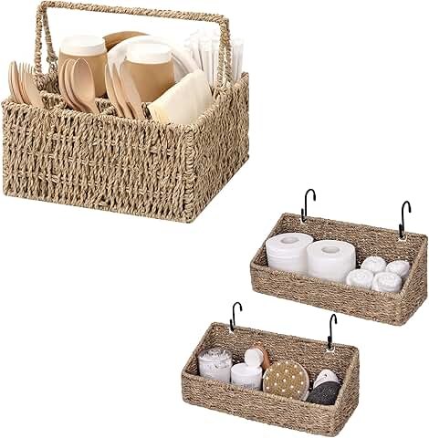 Wicker Silverware Organizer and Woven Wall Baskets Set