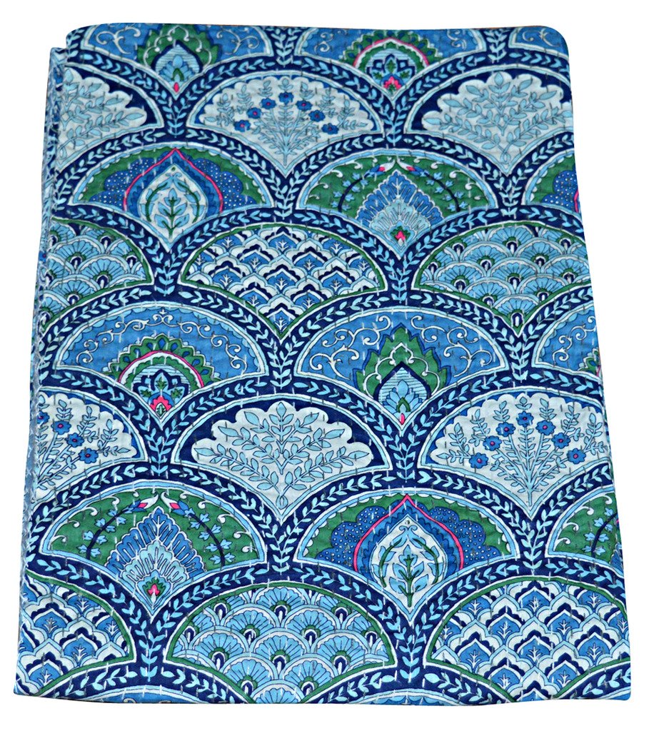 Rembo Print Twin Size Kantha Quilt Green, Kantha Blanket, Bed Cover, Twin Kantha Bedspread, Bohemian Bedding Kantha Size 90 Inch x 60 Inch