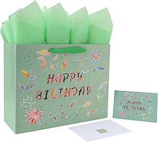 Large Green Floral Birthday Gift Bag with Card and Tissue