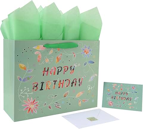 Large Green Floral Birthday Gift Bag with Card and Tissue