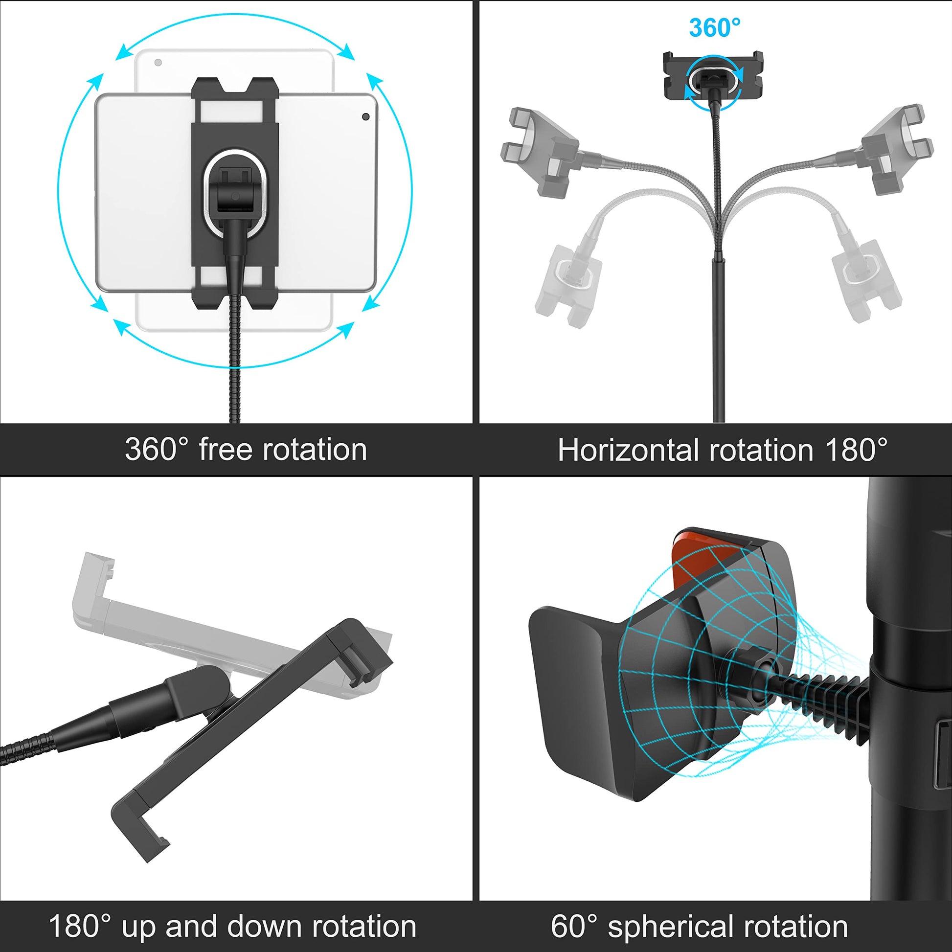 Ipad Tripod Stand,Gooseneck 63-inch Floor Stand for Tablet, iPad Floor Stand with 360 Rotating iPad Tripod Mount for iPhone iPad Mini, iPad Air, iPad Pro and All 4.7 -11.9 Inch Tablet and Phone