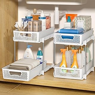 Two-tier pull-out storage organizers for bathroom and kitchen