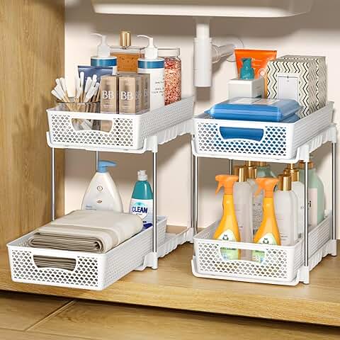 Two-tier pull-out storage organizers for bathroom and kitchen