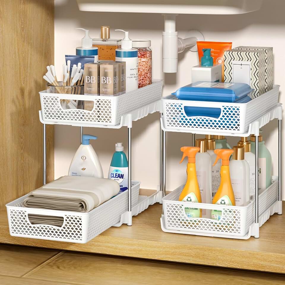 Two-tier pull-out storage organizers for bathroom and kitchen