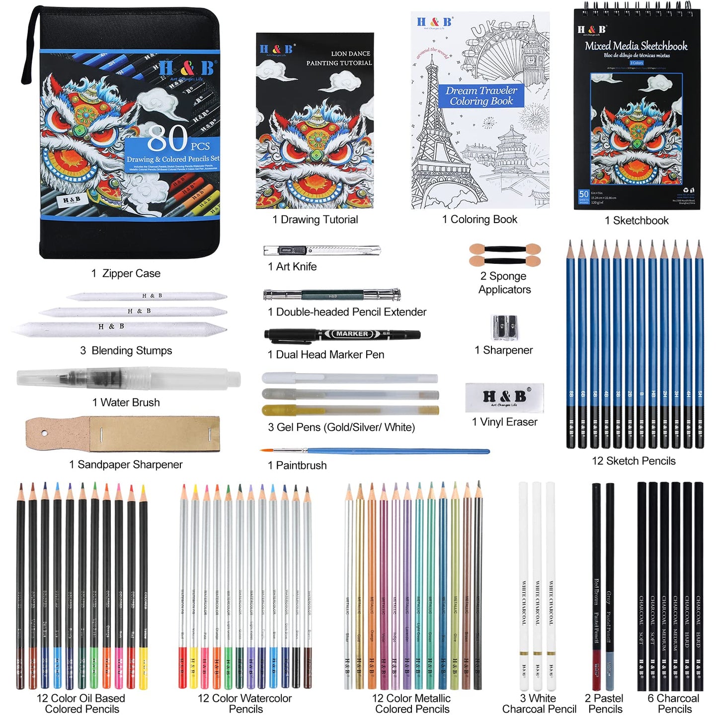 80-Pack Drawing and Art Supplies Kit with Sketchbook and Coloring Book