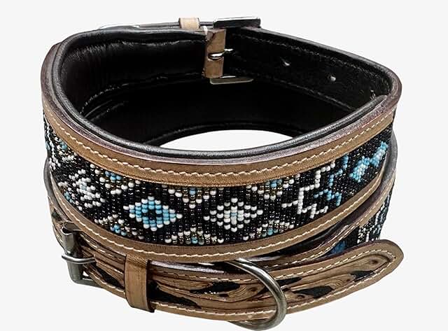 Large Leather Dog Collar with Colorful Beaded Design