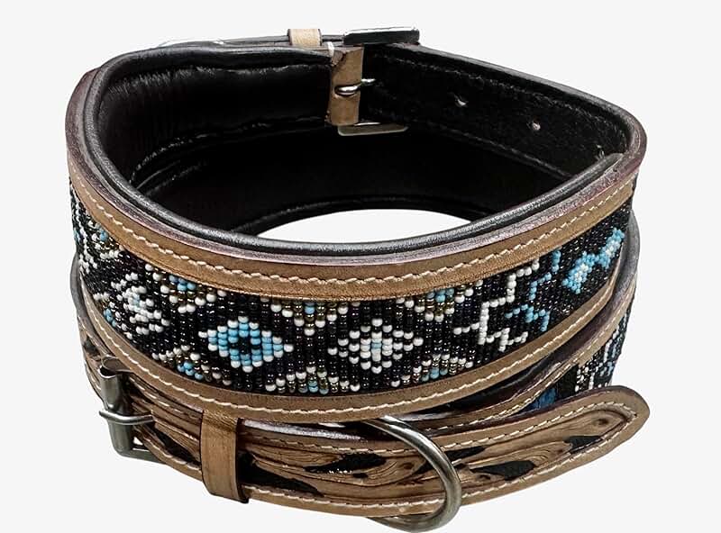 Large Leather Dog Collar with Colorful Beaded Design