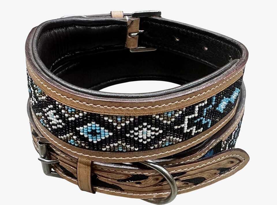 Large Leather Dog Collar with Colorful Beaded Design