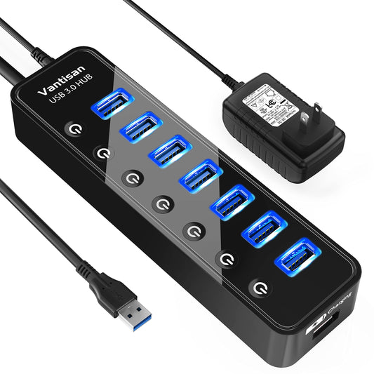 MODAIO 7-Port USB 3.0 Hub with Charging Port and Power Adapter