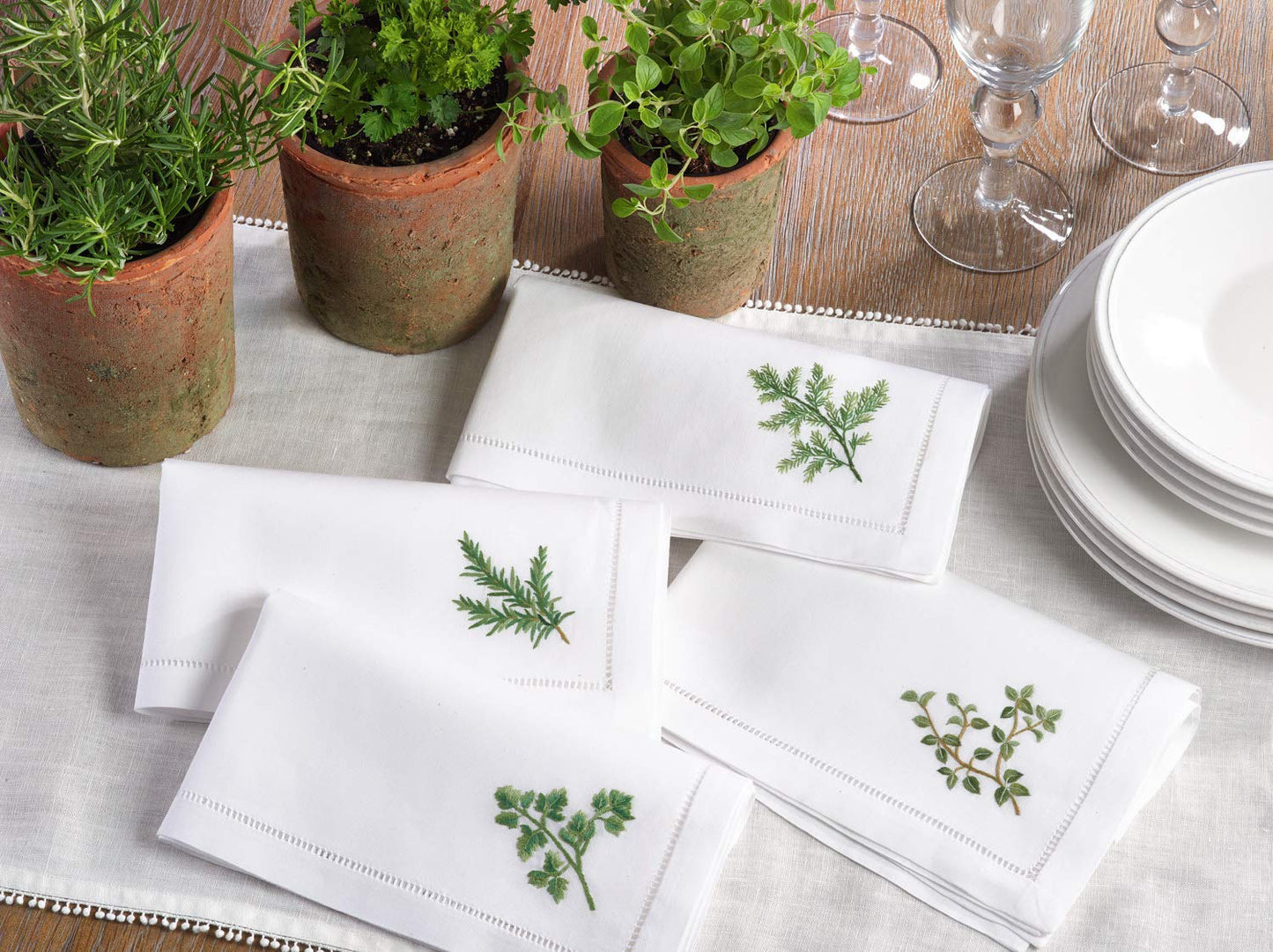 Embroidered Parsley Square Hemstitched Border Cotton Napkin, Set of 6, 20" x 20", White