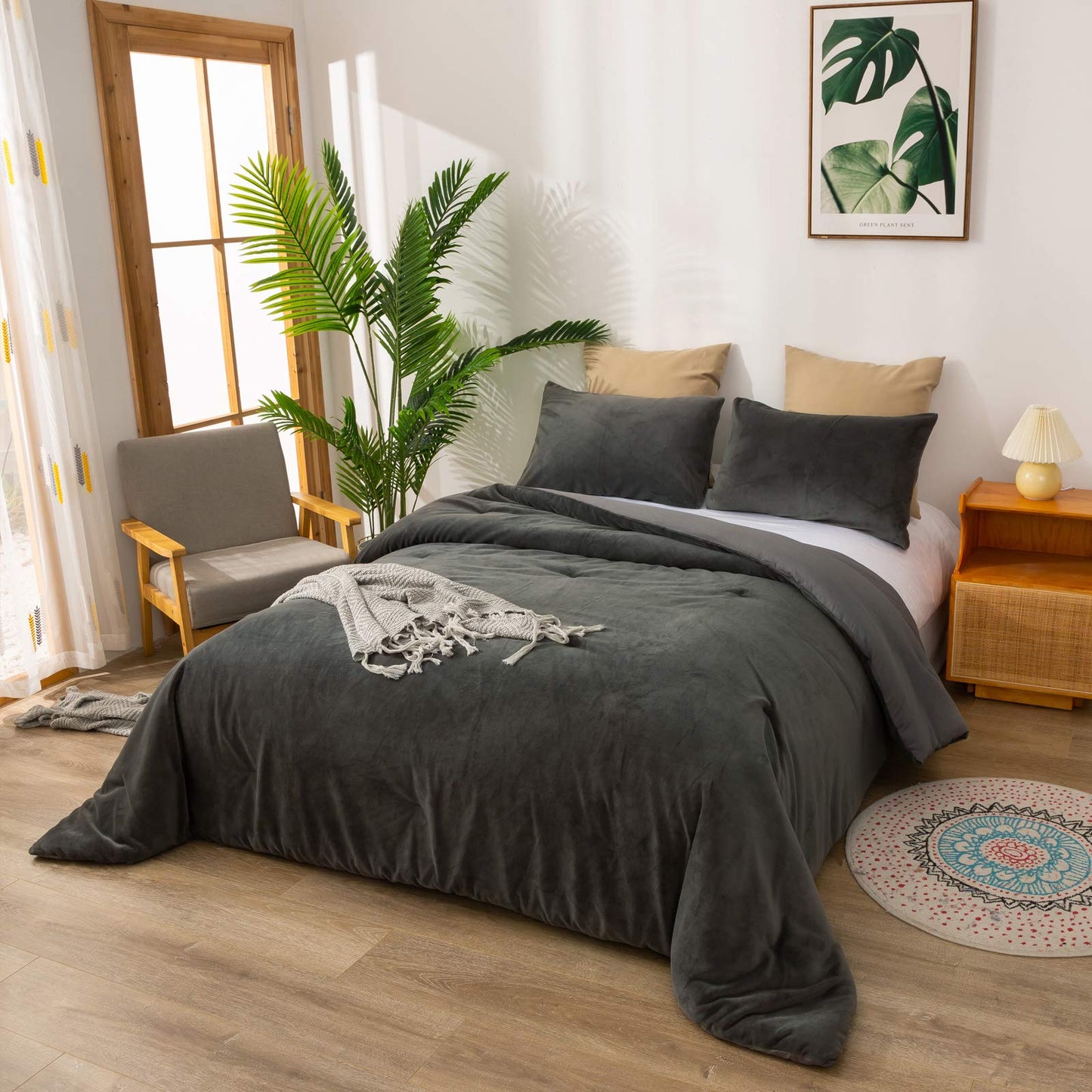 Wel oo Grey Comforter Sets Queen Women Men Gray Fluffy Bedding Comforters Solid Dark Grey Velvet Aesthetic Quilts Soft Warm Winter Plush Blankets Plain Gray Flannel Bed Sherpa Bed Queen Size