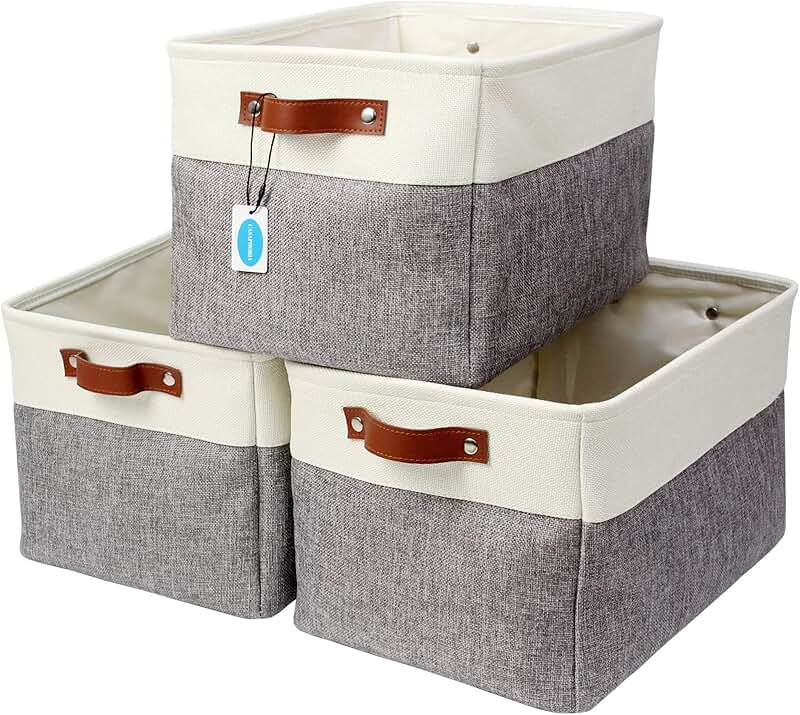 Three Foldable Fabric Storage Baskets with Handles