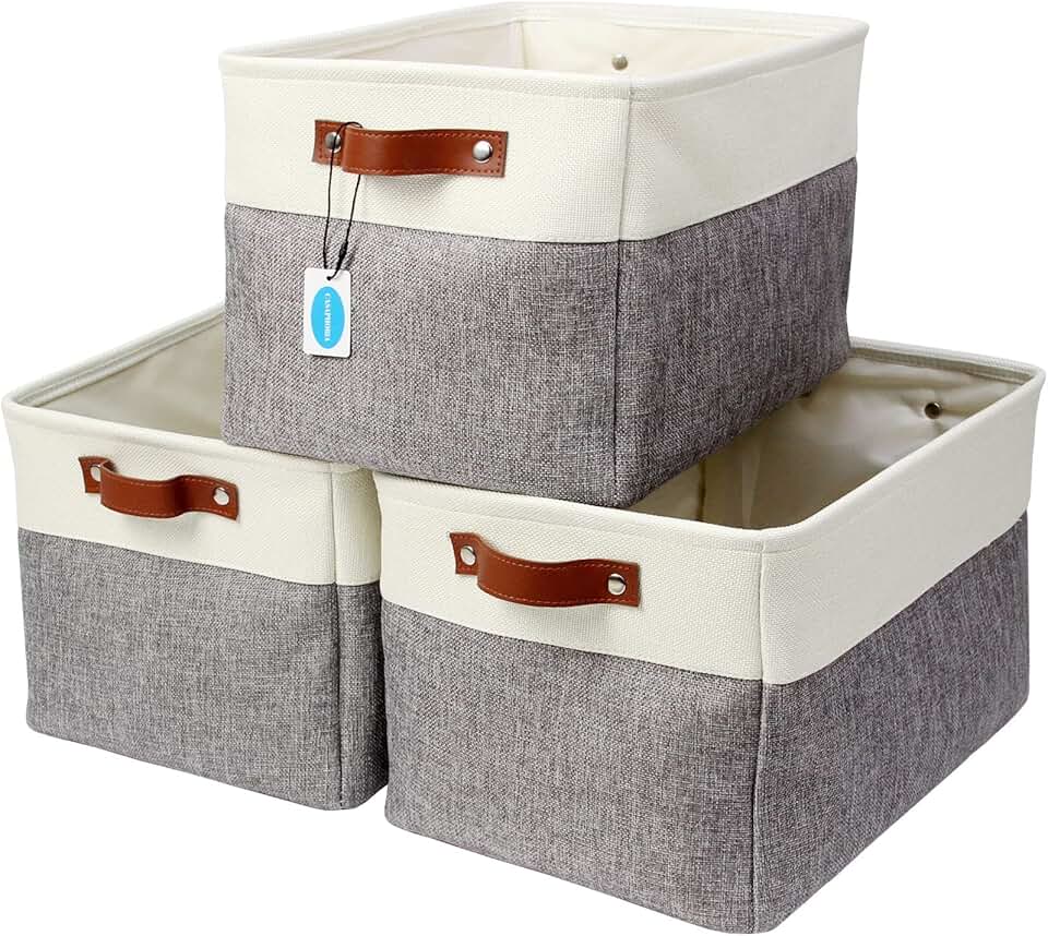 Three Foldable Fabric Storage Baskets with Handles
