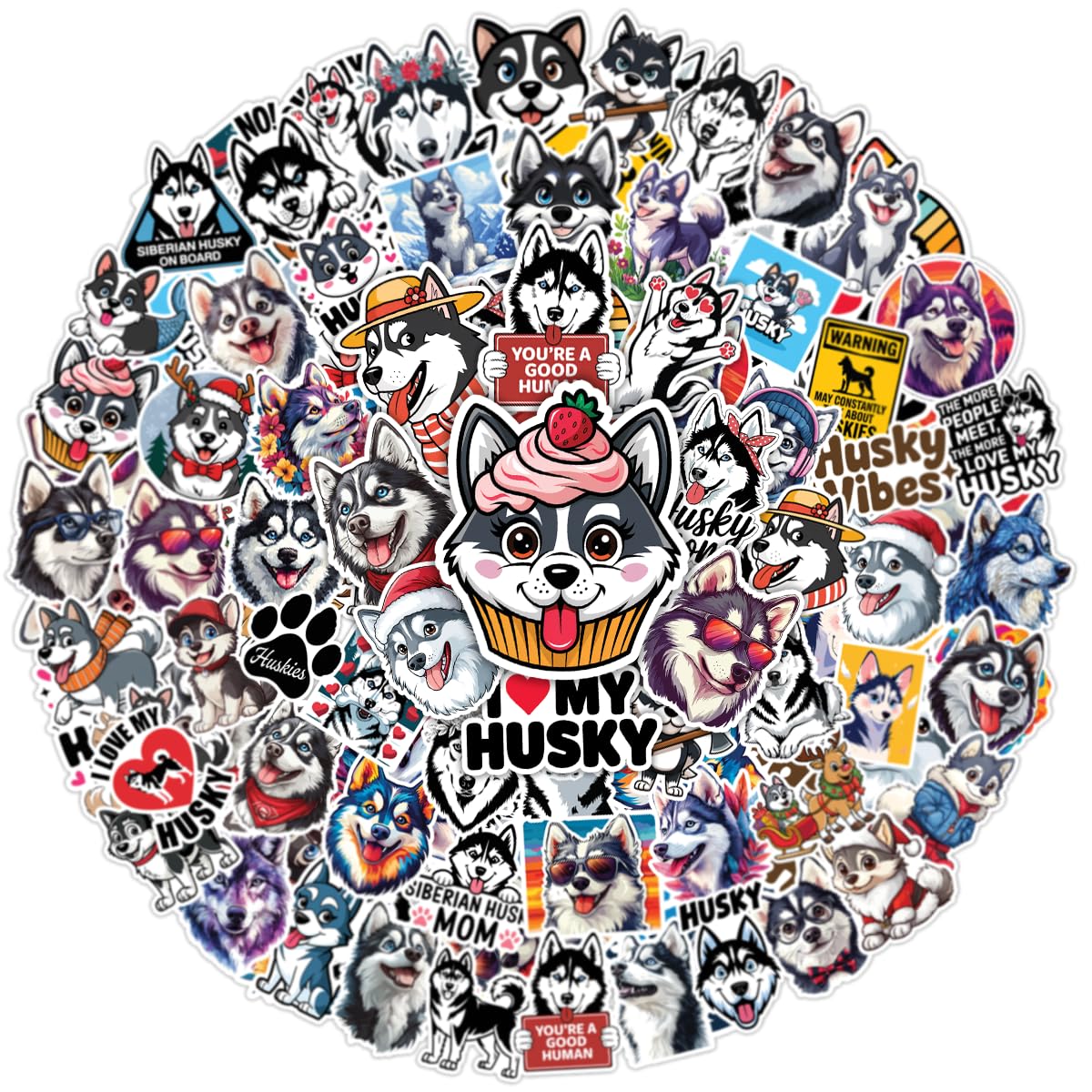 Set of 64 Waterproof Siberian Husky Dog Stickers