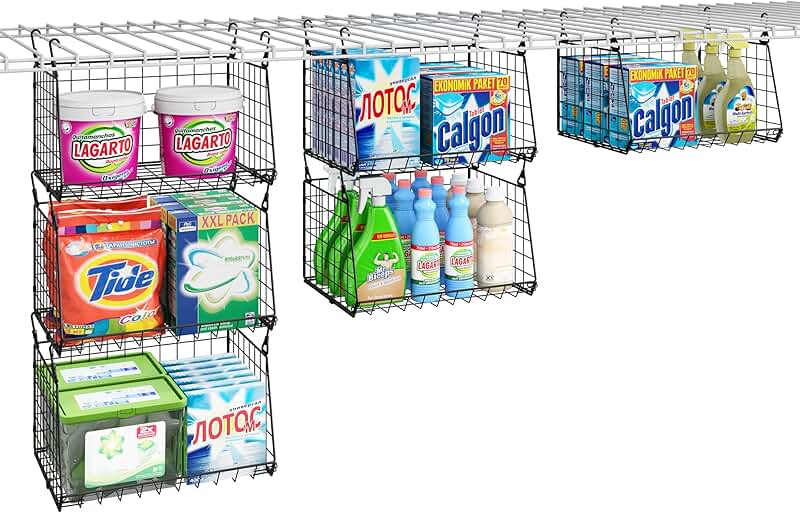 Set of three foldable laundry baskets with rotating hooks