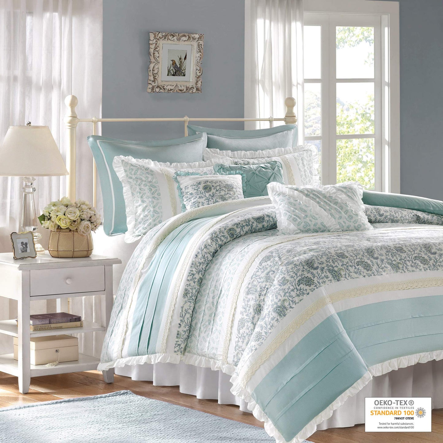 D n 100% Cotton Duvet Set Floral Shabby Chic Design All Season Comforter Cover Bedding, Matching Shams, Percale Light Weight Bed Comforter Covers, Queen(90"x90"), Blue 9 Piece