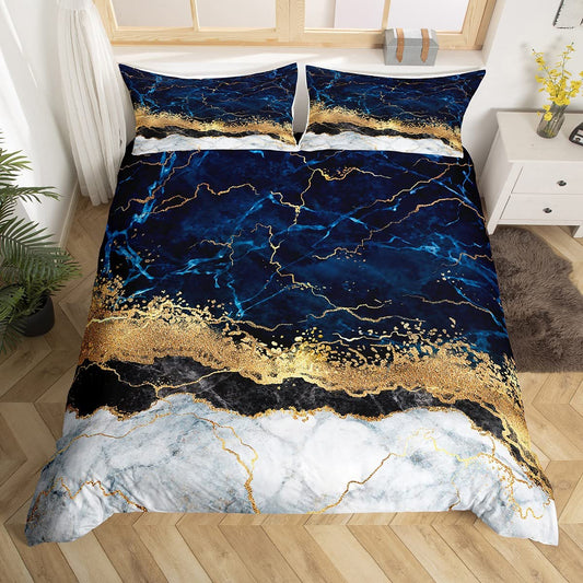 Marble Duvet Cover Set Gold Giltter Bedding Set Navy Blue Stone Marble Comforter Cover For Kids Adults Tie Dye Fluid Magma Abstract Art Hipster Quilt Cover 3 Pieces Queen Size Soft Bedroom Decor