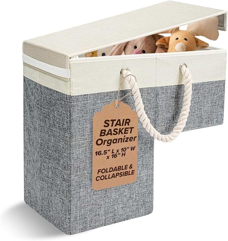 Two Stair Basket Organizers with Lids for Carpeted and Wooden Stairs