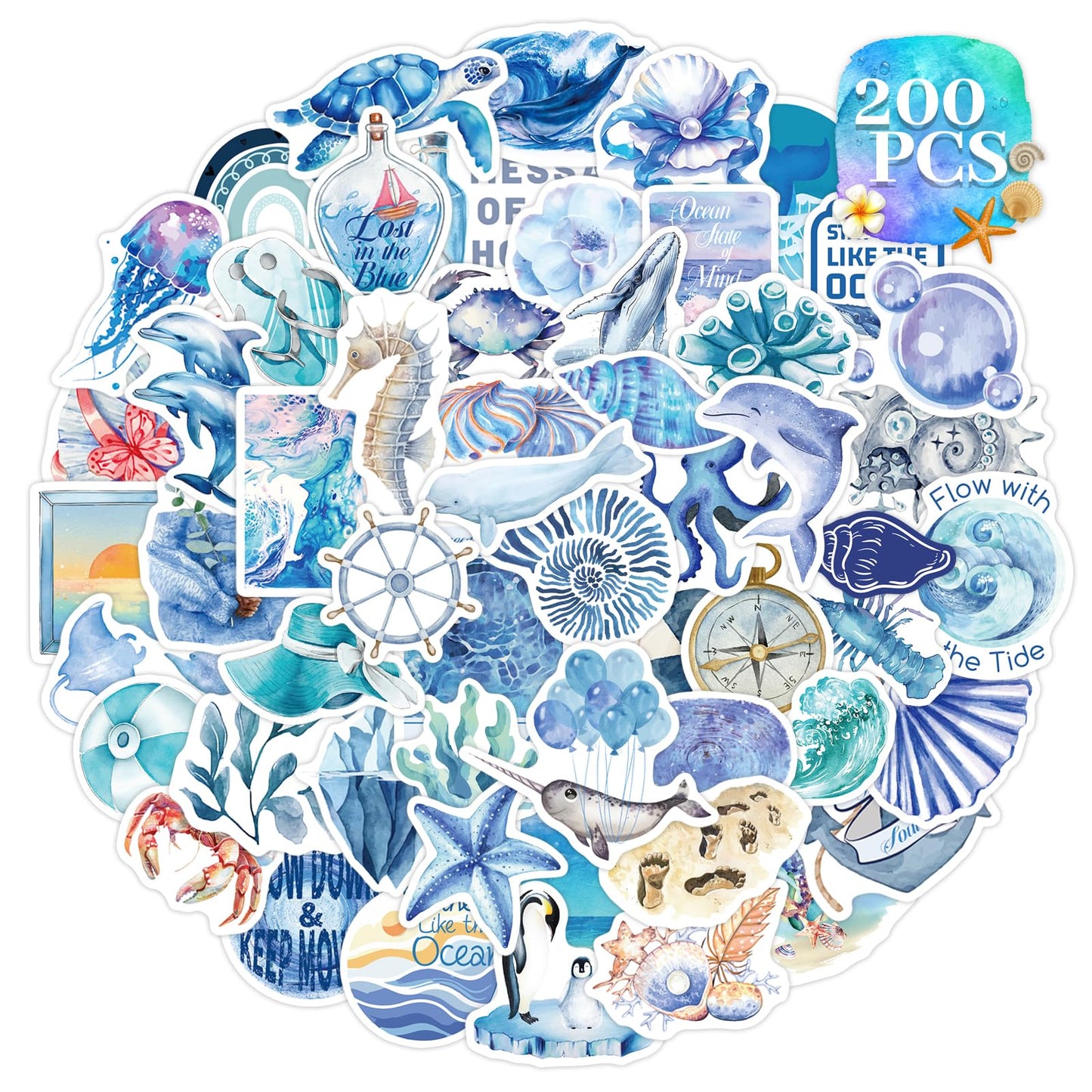 200 Ocean-Themed Waterproof Stickers for Water Bottles and More