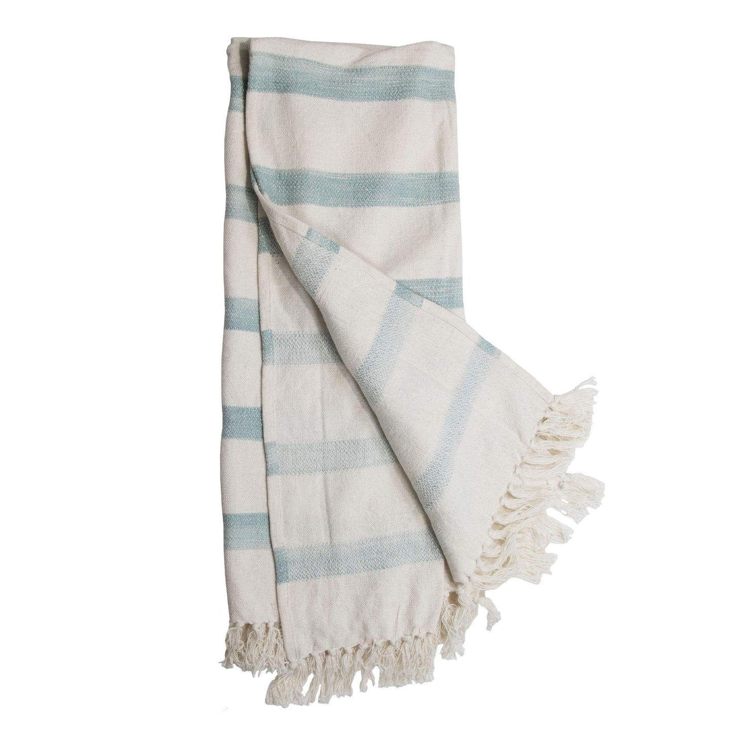  Blue Striped Handwoven 50 x 60 inch Cotton Throw Blanket with Hand Tied Fringed Tels, Green