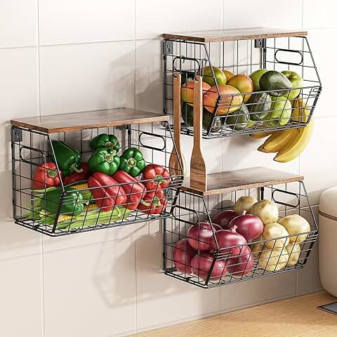 Stackable metal fruit baskets with wood lids, set of three
