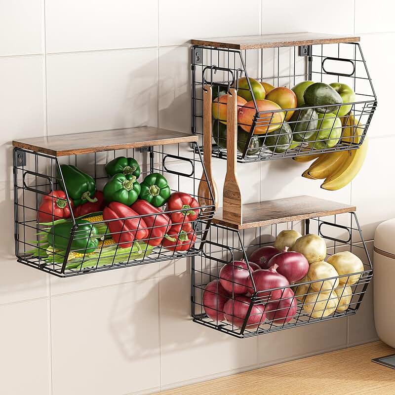 Stackable metal fruit baskets with wood lids, set of three