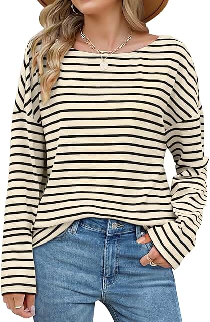 Women's Long Sleeve Striped Boat Neck Casual Top