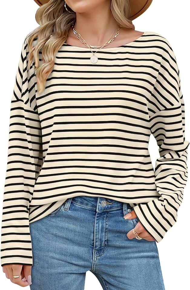 Women's Long Sleeve Striped Boat Neck Casual Top