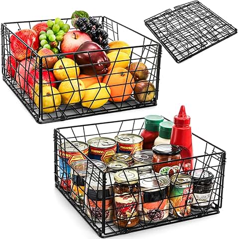 2 Pack Black Metal Food Storage Baskets for Organization