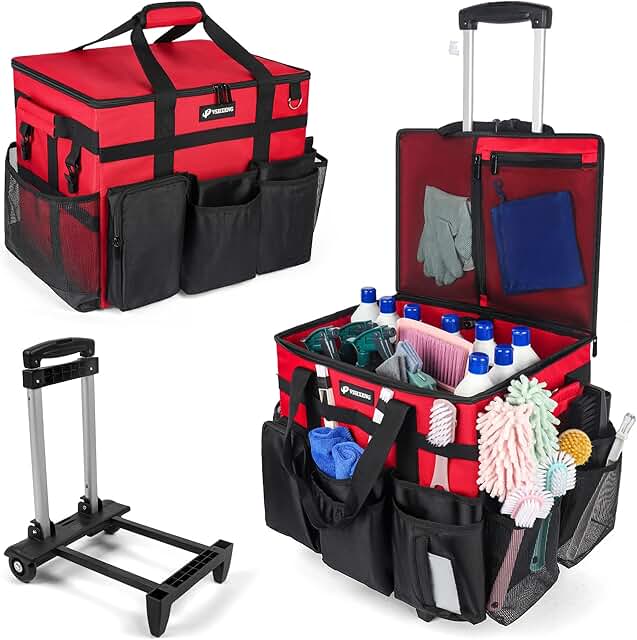 Large Rolling Cleaning Cart with Shoulder Strap and Pockets