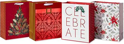 Large Christmas Gift Bags, Traditional Designs, 4 Pack