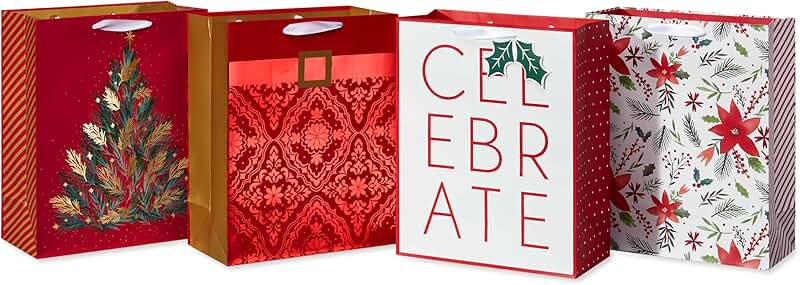 Large Christmas Gift Bags, Traditional Designs, 4 Pack