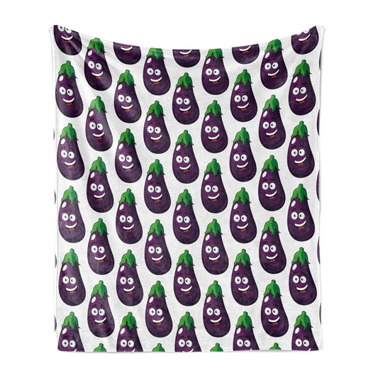 Farming Throw Blanket, Funny Eggplants Smiling Cheerful Faces Food Cook Theme Cartoon, Flannel Fleece Accent Piece Soft Couch Cover for Adults, 50" x 70", Purple Green